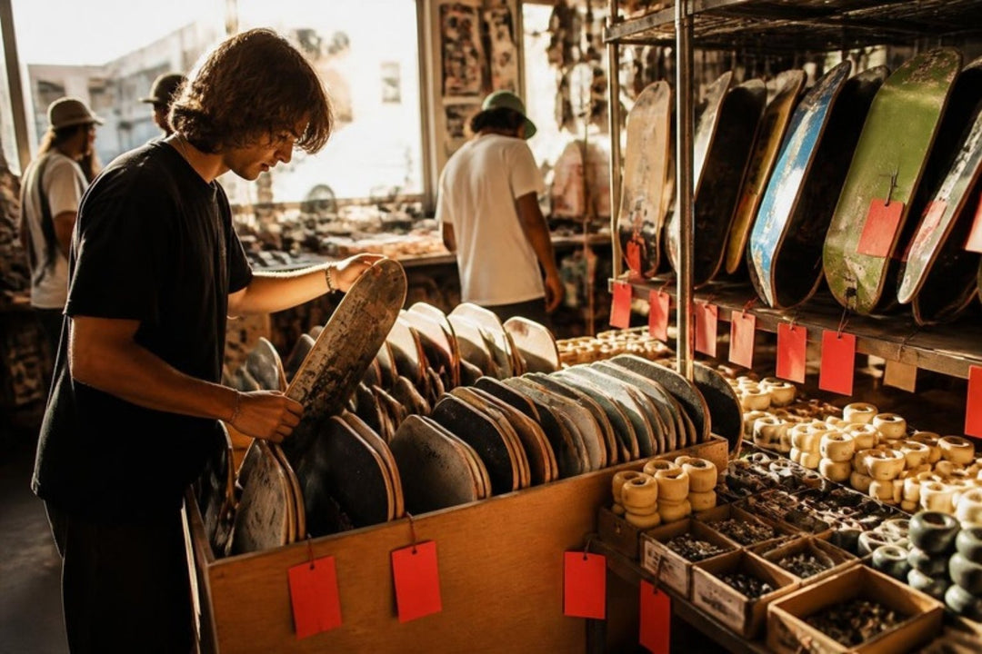 Skate shop clearance bin of decks, wheels and parts