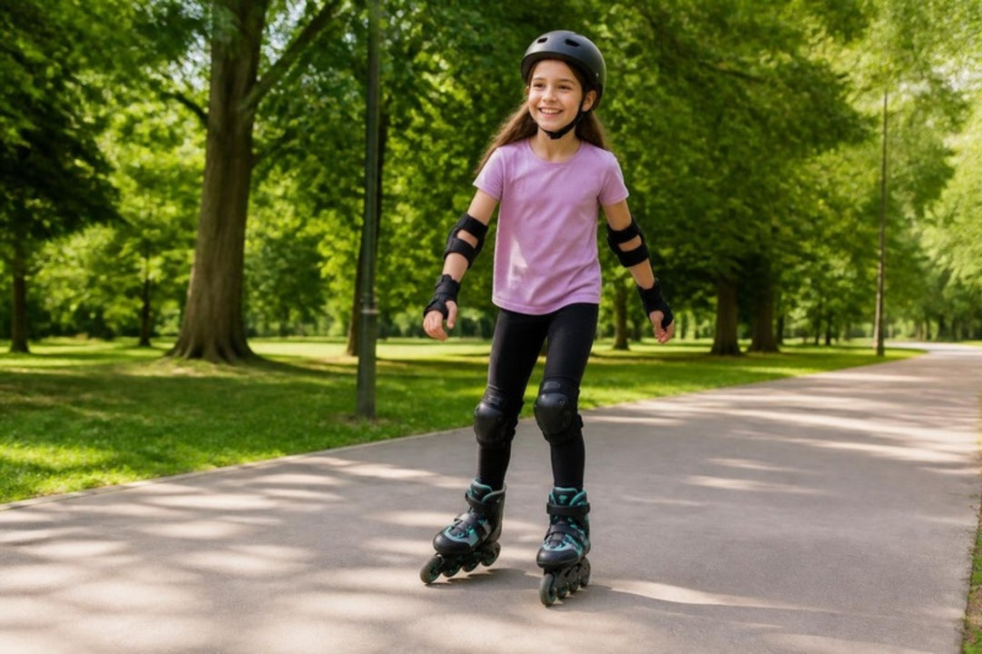 Child in helmet and pads inline skating on a park path