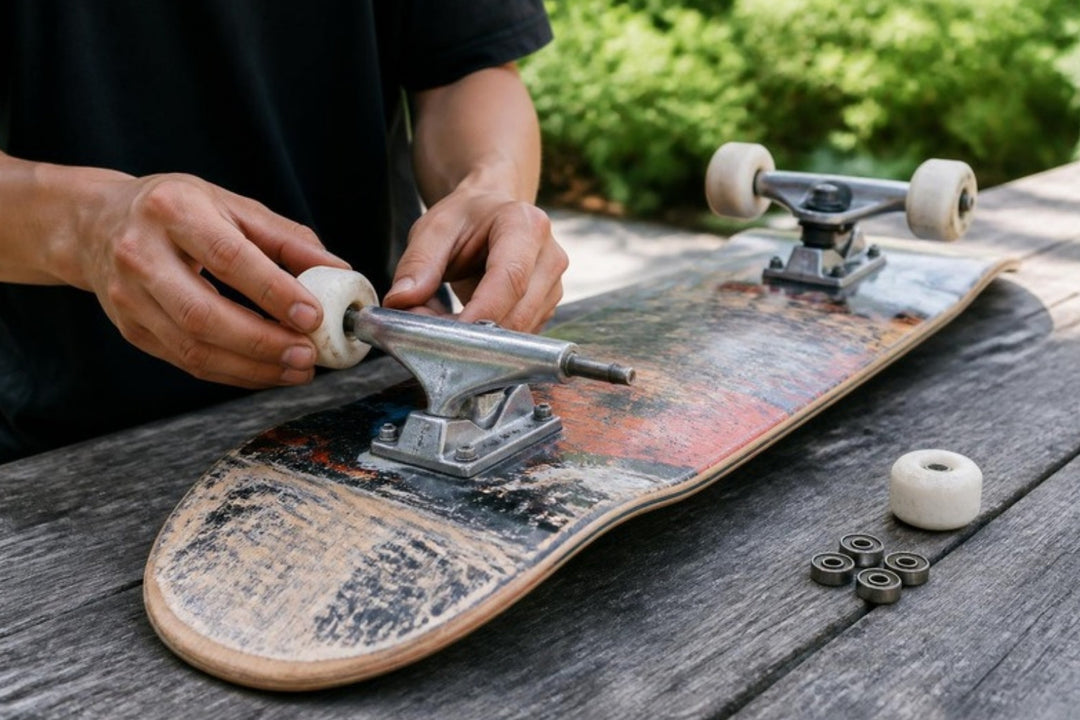 Skater fitting wheels to the trucks on the underside of a skateboard deck