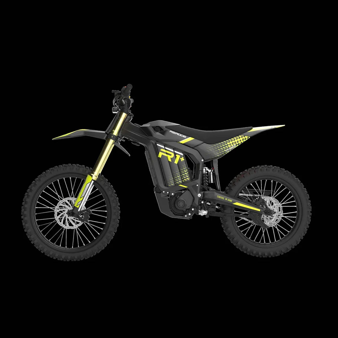 Rerode R1+ 17kW electric dirt bike in Black / Yellow, side view
