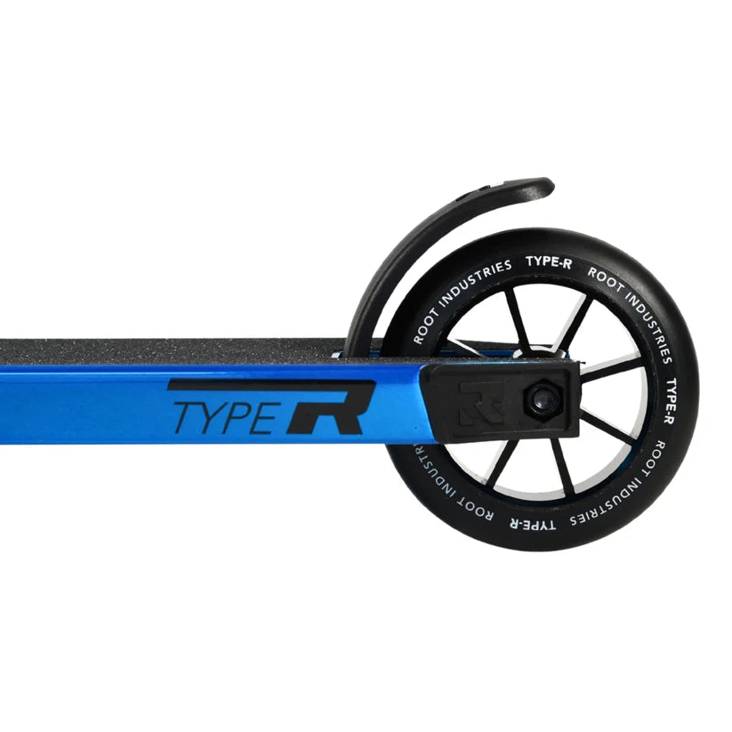 Root Industries Type R PRO scooter in blue, rear wheel and brake close up