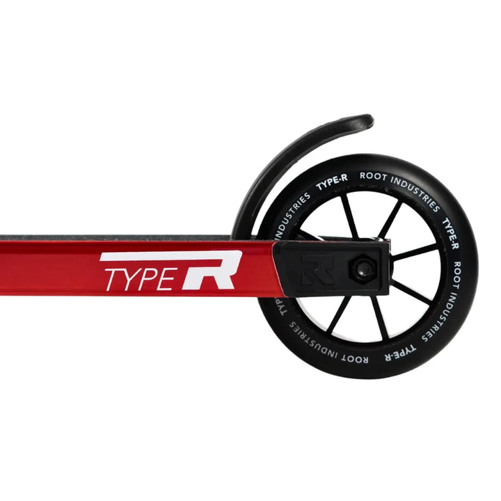 Root Industries Type R PRO scooter in red, rear wheel and brake close up