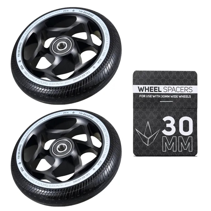 Envy Tri Bearing 120mm x 30mm scooter wheels in black, pair with spacers