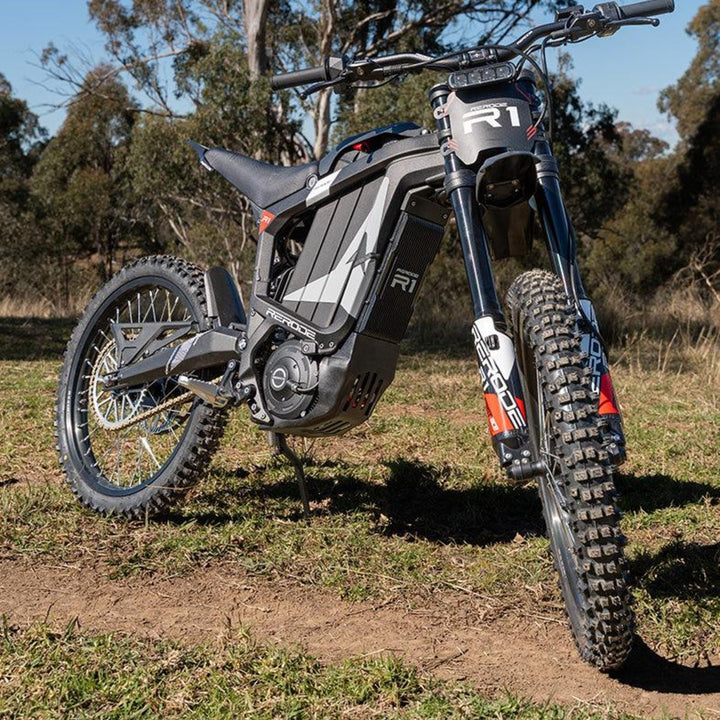 Rerode R1 electric dirt bike parked on an Australian bush trail