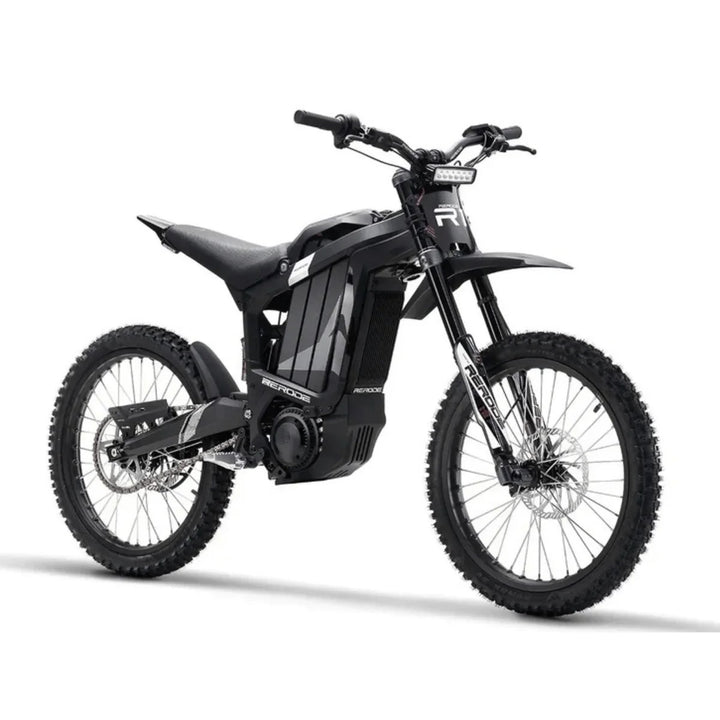 Rerode R1 10kW electric dirt bike in Black / Grey, front three-quarter view